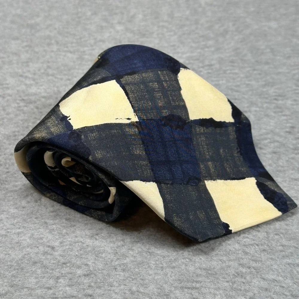 Vintage Structure 100% Silk Abstract Plaid Navy Cream Tie USA Wide Art Print NWT